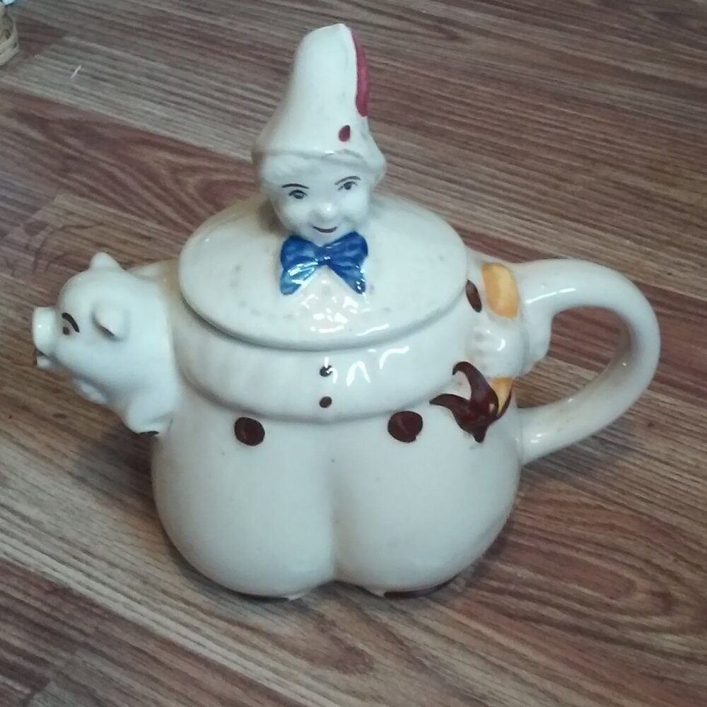 Vintage Ceramic Teapot Man Holding Pig And Corn 8" Tall x 7" Across 5" Deep